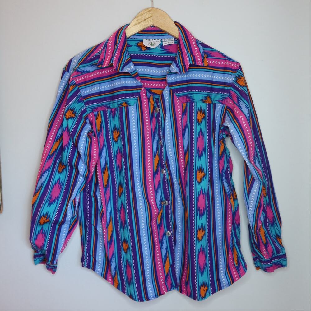Vintage Arroyo Southwestern Aztec Print Snap Button Shirt Size L Western